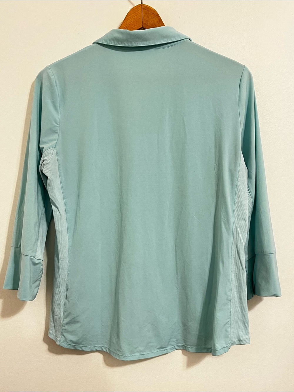 J. McLaughlin Catalina Cloth Blouse Large Aqua Blue Button Stretch 3/4 Sleeve - Picture 6 of 8
